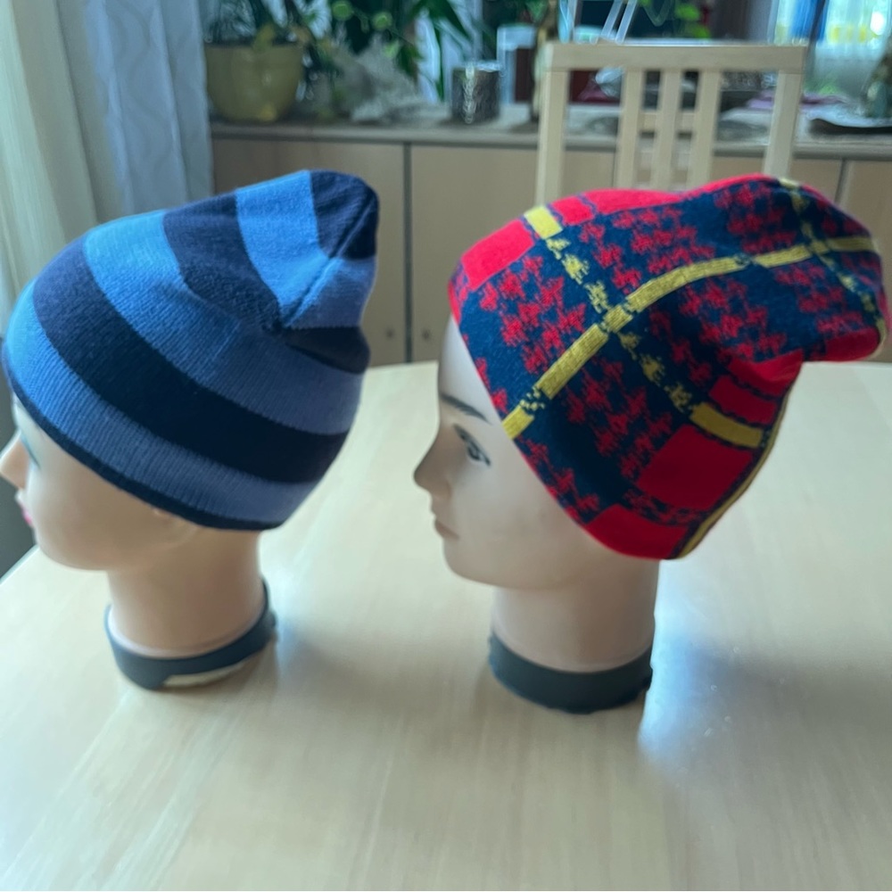Set of two patterned winter hats – blue and red - plaid and stripe